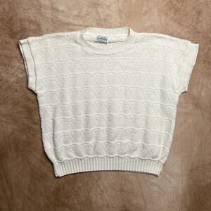 Vintage 80s Cuddle Knit Diamond Knit Sweater White Short Sleeve Dolman Cottage